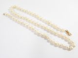a close up of a white pearl necklace on a white surface