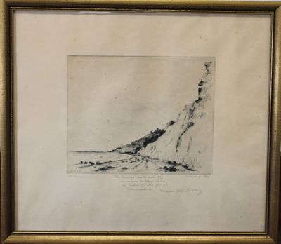 a black and white drawing of a mountain in a gold frame