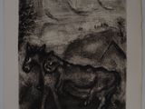 an image of a drawing of a cow and a cow in a field