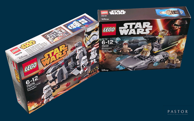 two lego star wars sets on display in a box