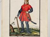 an old book with a picture of a man in a red coat and a sword