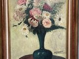 a painting of flowers in a green vase on a table