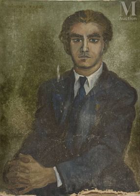 tableau représentant un homme en costume-cravate assis devant un fond vert