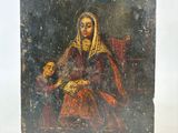 an old painting of a woman in a red dress sitting on a chair