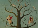 un tableau représentant un groupe de personnes à cheval autour d'un arbre
