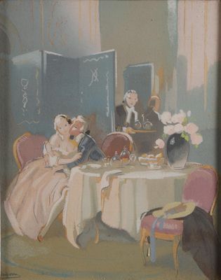 tableau représentant un homme et une femme assis à une table devant un miroir