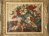 painting of red and white flowers in a vase on a table