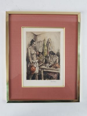 painting of a man and a woman in a kitchen with a cat