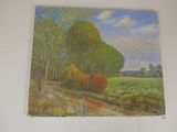 an oil painting of a country road with trees and fields in the background