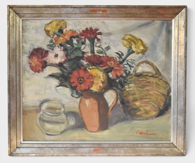 a painting of flowers in a vase and a bowl on a table