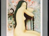 painting of a nude woman sitting on a chair with a clock in the background