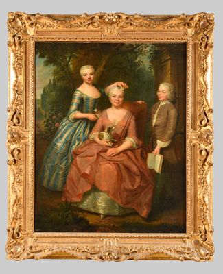 une peinture à l'huile représentant trois femmes et un homme assis dans un parc