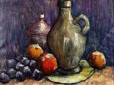 a painting of a vase and some fruit on a table