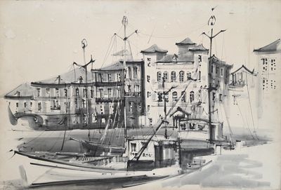 drawing of a boat docked in a harbor with a building in the background