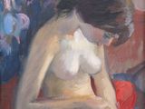 une peinture à l'huile représentant une femme assise sur un canapé en train de lire un livre