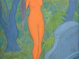 une image représentant un tableau où l'on voit une femme debout dans un jardin