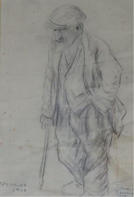dessin représentant un vieil homme avec une canne et un chapeau