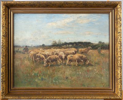 une peinture à l'huile représentant un troupeau de moutons paissant dans un champ