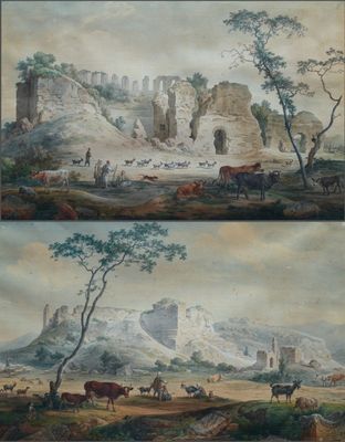 deux photos d'un tableau représentant un paysage avec du bétail et un château
