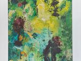 abstract painting of green and yellow flowers in a white frame