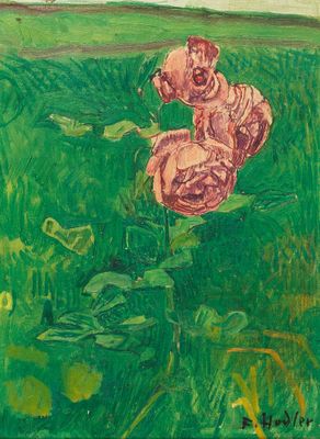 a painting of two pink flowers in a green field