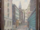 painting of a street scene with a man sitting on a bench