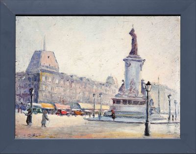 une peinture à l'huile représentant une scène de rue avec une statue au milieu de la rue