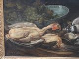 a painting of a dog and a duck on a table