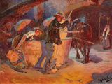 un tableau représentant un groupe de personnes rassemblées autour d'un tonneau