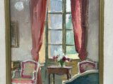 a painting of a living room with a table and chairs