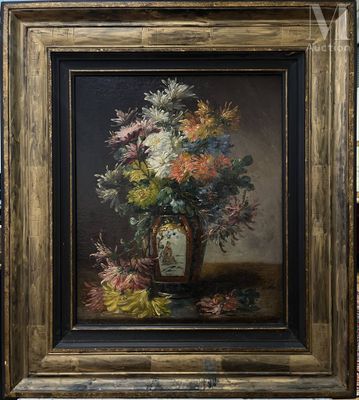 a painting of flowers in a vase on a table in front of a brick wall