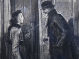dessin représentant un homme et une femme debout devant un hôtel