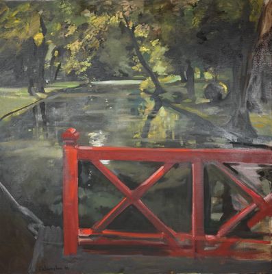 un tableau représentant un pont rouge enjambant une rivière