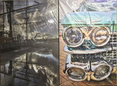 deux photos d'une voiture et d'un bateau dans l'eau