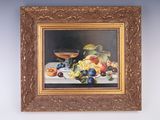 tableau représentant une nature morte avec des fruits sur une table et un verre de vin