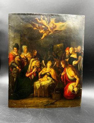 une image représentant une peinture d'une crèche avec des anges