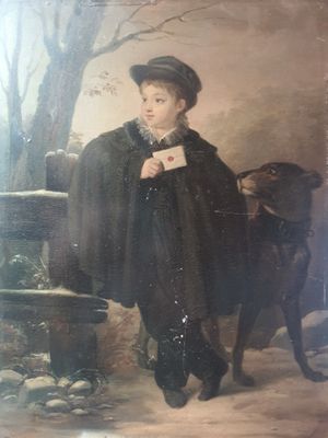 tableau représentant un garçon vêtu d'un manteau noir et d'un chapeau, tenant une carte