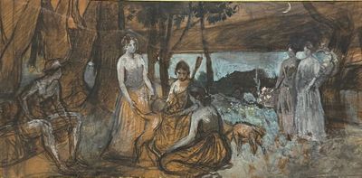 an image of a painting of a group of people in a forest