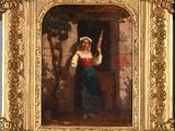 Un vieux tableau représentant une femme en robe bleue est accroché au mur.