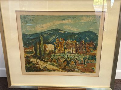 tableau représentant un paysage désertique avec des arbres et des montagnes en arrière-plan