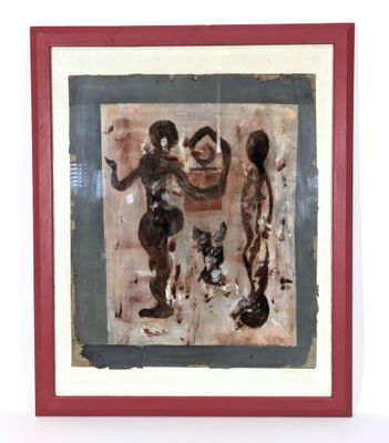 painting of a man and a woman with a dog in a red frame