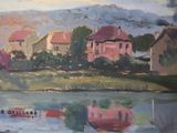 a painting of a house and a boat on the water