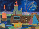a painting of boats on the water with a lighthouse in the background