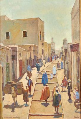 une peinture à l'huile représentant une scène de rue avec des personnes marchant dans la rue