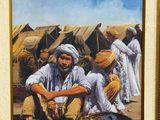painting of a man sitting in front of a tent with watermelons in front of him