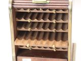 an image of a wooden wine rack with many bottles in it
