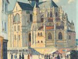 tableau représentant un grand bâtiment avec une tour horloge au cœur d'une ville