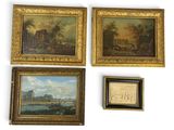 three framed paintings of a landscape and a river with a castle in the background