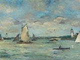 painting of sailboats on the water with a lighthouse in the background