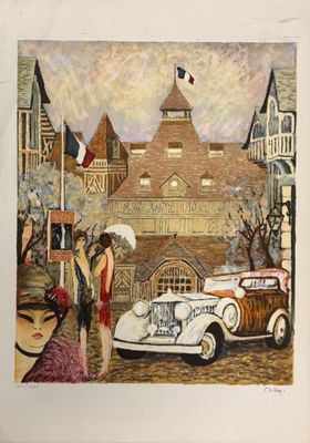 un tableau représentant une femme et une voiture devant un immeuble